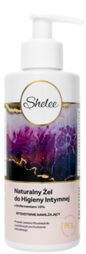 Shelee Naturalny Żel do Higieny Intymnej w białej butelce z pompką, intensywnie nawilżający, z fioletową etykietą.