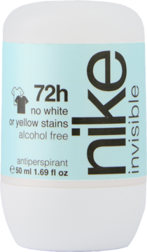 Biały antyperspirant Nike Invisible w kulce 50ml, niebieska etykieta 72h, no white or yellow stains.