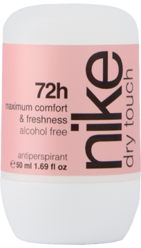 Nike Dry Touch antyperspirant roll-on 72h, biało-różowa butelka 50ml, bez alkoholu, widok z przodu.