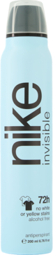 Nike Invisible antyperspirant spray 200ml w błękitnej butelce, napisy 72h i bez plam, widok z przodu.