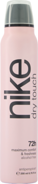 Różowy spray antyperspirant Nike Dry Touch 200ml, pionowy widok z przodu, z czarnym logo i srebrnym wieczkiem.
