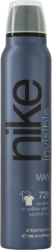 Niebieski Nike Invisible Man antyperspirant w sprayu 200 ml, z szarą zakrętką, widok z przodu.