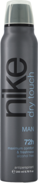 Nike Dry Touch Man antyperspirant 72h w ciemnoszarym aerozolu 200ml, z białymi napisami, widok z przodu.