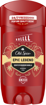 Czerwony Old Spice Epic Legend dezodorant w sztyfcie, Bourbon Vanilla. Widok z przodu z etykietą 24/7 FRESSSHHH.