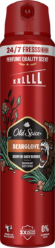 Czerwony dezodorant Old Spice Bearglove w sprayu, przód z grafiką niedźwiedzia, "Scent of Juicy Berries", 24/7 FRESSSHHH.