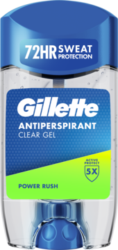 Gillette Antiperspirant Clear Gel Power Rush, 72h ochrona przed potem, butelka z niebieską nakrętką, widok z przodu.