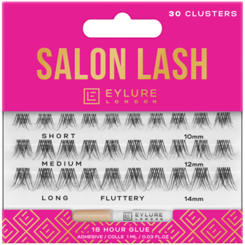 Eylure Salon Lash kępki rzęs Fluttery w różowym opakowaniu. Zestaw 30 kępek w 3 długościach z klejem, widok z przodu.