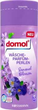 domol WÄSCHE-PARFÜM-PERLEN Sensual Blossom w fioletowej butelce z motywem fiołków, widok z przodu.