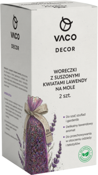 Białe pudełko VACO DECOR z lawendowymi woreczkami na mole, 2 sztuki. Widok z przodu, fioletowa grafika lawendy.