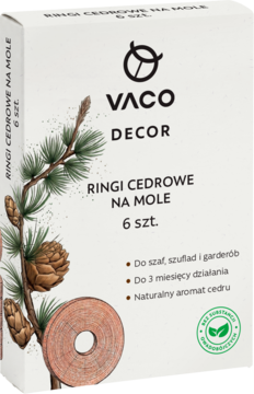 Białe pudełko VACO DECOR z 6 cedrowymi ringami na mole, z ilustracją cedrowej gałęzi i szyszek, widok z przodu.