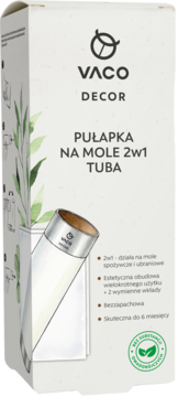 VACO DECOR pułapka na mole 2w1 Tuba, białe pudełko z zielonym motywem roślinnym, widok z przodu.