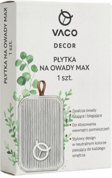Białe pudełko VACO DECOR PŁYTKA NA OWADY MAX z szarą, żeberkowaną płytką do zwalczania owadów, widok z przodu.