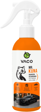 Pomarańczowy spray VACO MR. KUNA, bariera ochronna na kuny do auta i domu. Widok przód, biała etykieta z wizerunkiem kuny.