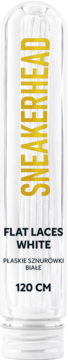 Sneakerhead Flat Laces White 120 CM w przezroczystej tubie. Widok z przodu; złoty napis marki.