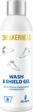 Biała butelka Sneakerhead Wash & Shield Gel, z srebrną nakrętką, do prania i impregnacji butów, widok z przodu.
