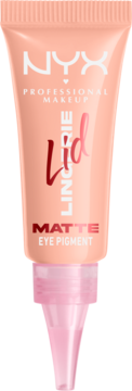 NYX Lid Lingerie Matte Eye Pigment w beżowej tubce z różowym aplikatorem, widok z przodu.