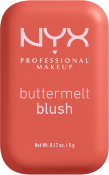 NYX Professional Makeup Buttermelt Blush. Koralowy róż w prostokątnym opakowaniu z różowym logo, widok z przodu.