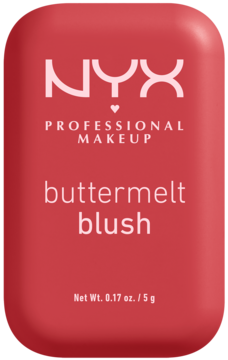 NYX Buttermelt Blush w koralowym, zaokrąglonym kompakcie z białym logo i napisem, widok z przodu.