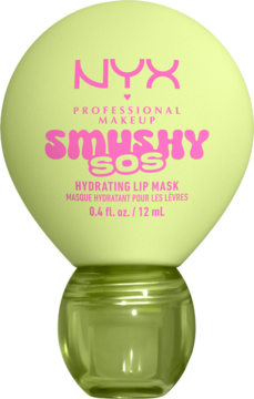 NYX Smushy SOS Hydrating Lip Mask, limonkowo-zielona, kulista butelka z różowym napisem, widok z przodu.