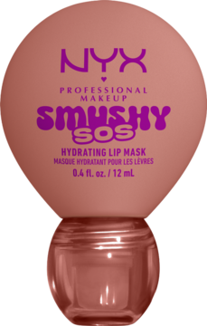 NYX Smushy SOS Hydrating Lip Mask: matowe różowe opakowanie w kształcie kropli, fioletowe napisy.