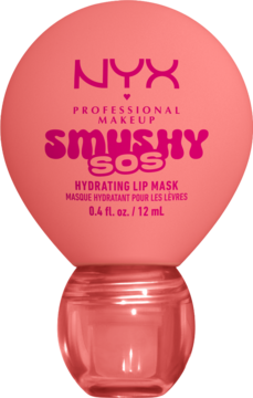 NYX Smushy SOS Hydrating Lip Mask, peachowe opakowanie z gruszkowatą górą i przezroczystą podstawą, widok z przodu.