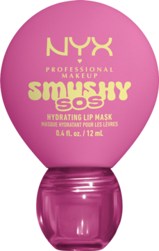 NYX Smushy SOS Hydrating Lip Mask, różowa butelka w unikalnym kształcie z żółtymi napisami, widok z przodu.