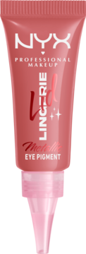 NYX Lid Lingerie Metallic Eye Pigment, różowo-koralowa tubka z aplikatorem, widok z przodu, napisy NYX i LINGERIE.