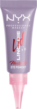 NYX Lid Lingerie Metallic Eye Pigment, fioletowa tubka z różową końcówką aplikatora, widok z przodu.