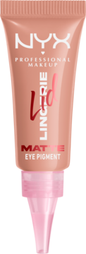 Kremowy cień do powiek NYX Lid Lingerie Matte w beżowej tubce z różowym aplikatorem, widok z przodu.