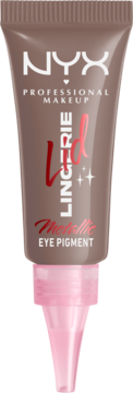 NYX Lid Lingerie Metallic Eye Pigment Granite Grind, taupe tubka z różowym aplikatorem, widok z przodu.