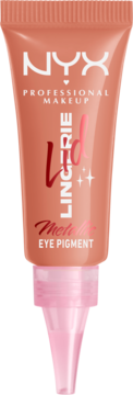 NYX Lid Lingerie Metallic Eye Pigment w brzoskwiniowej tubce, widok z przodu, różowy aplikator.