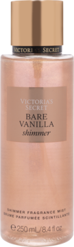 Victoria's Secret Bare Vanilla Shimmer Fragrance Mist 250ml, złoto-brązowa butelka z błyszczącą zawartością, przód.