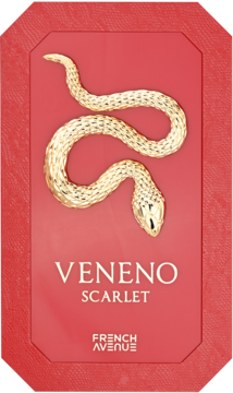 Czerwony ekstrakt perfum Veneno Scarlet French Avenue, z finezyjnym, złotym wężem na froncie opakowania.