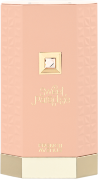 Woda perfumowana Sweet Paradise French Avenue w brzoskwiniowym pudełku ze złotymi detalami i kryształkiem, widok z przodu.
