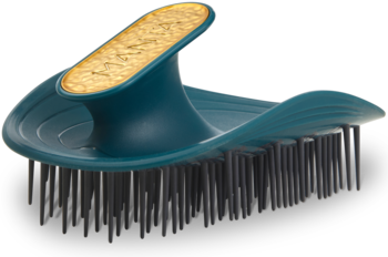 Szczotka MANTA Curls Soft Teal do włosów kręconych, turkusowa, ze złotym elementem na uchwycie i ciemnym włosiem.