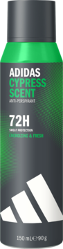 Adidas Cypress Scent Antiperspirant spray, 72H protection, dark grey-green can with white logo, front view.