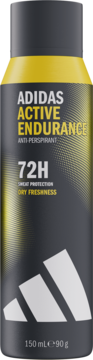 Adidas Active Endurance 72h antyperspirant w ciemnoszarym, cylindrycznym aerozolu z żółtymi akcentami, widok z przodu.