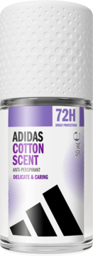 Adidas Cotton 72h antyperspirant roll-on w przezroczystej butelce 50ml, biała nakrętka, fioletowa etykieta.
