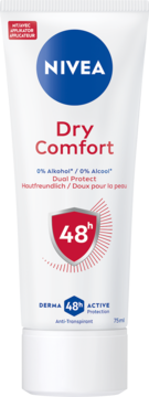 Nivea Dry Comfort Antyperspirant w białej tubce, 48h ochrona bez alkoholu, widok z przodu.