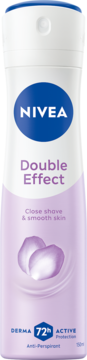 Biało-fioletowy antyperspirant Nivea Double Effect 72h do gładkiej skóry, widok z przodu. Z logo NIVEA.