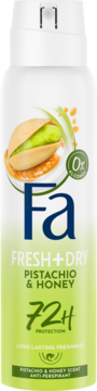 Fa Fresh+Dry antyperspirant w zielono-białej butelce, z motywem pistacji i miodu, 72h ochrony, widok z przodu.