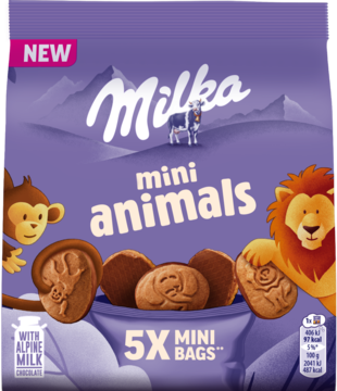 NOWE, fioletowe opakowanie Milka Mini Animals, ze zwierzętami i otwartą torebką ciastek, widok z przodu.