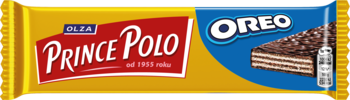 Front opakowania wafla Prince Polo Oreo. Żółto-czerwone tło, niebieski pasek z logo Oreo i czekoladowym waflem.