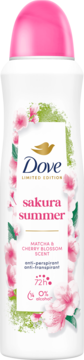Dove Sakura Summer antyperspirant w białym aerozolu z różową nakrętką, motywem kwiatów wiśni, widok z przodu.