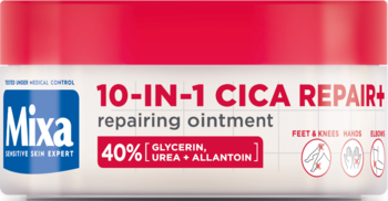 Biało-czerwony słoiczek Mixa 10-IN-1 CICA REPAIR+ z 40% Gliceryną, Mocznik i Alantoiną, widok z przodu.