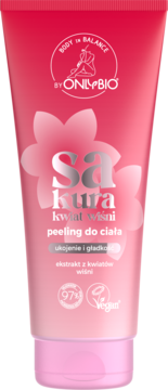 Różowy peeling do ciała OnlyBio Sakura kwiat wiśni, tuba z motywem kwiatowym, widok z przodu.