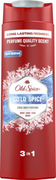 Czerwony żel pod prysznic Old Spice Cold Spice 3-w-1 Cool Mint, z lodowym wzorem, widok z przodu.