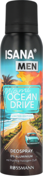 Czarna butelka dezodorantu ISANA MEN Miami Ocean Drive, 0% aluminium, owocowo-drzewny zapach, etykieta z plażą i drogą.
