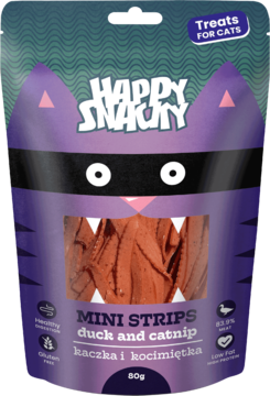 Fioletowe przysmaki Happy Snacky Mini Strips z kaczką i kocimiętką, saszetka w kształcie głowy kota, widoczne paski.