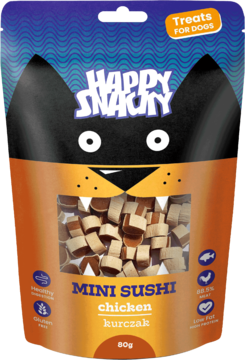 Frontalny widok saszetki Happy Snacky Mini Sushi Chicken dla psów, granatowo-pomarańczowej z okienkiem na miękkie kawałki.